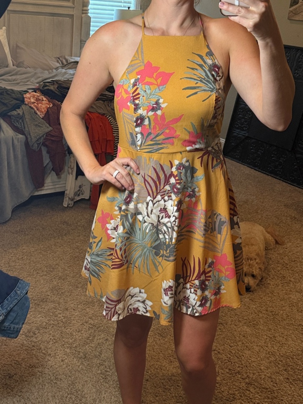 Mustard Halter Floral Mini Dress